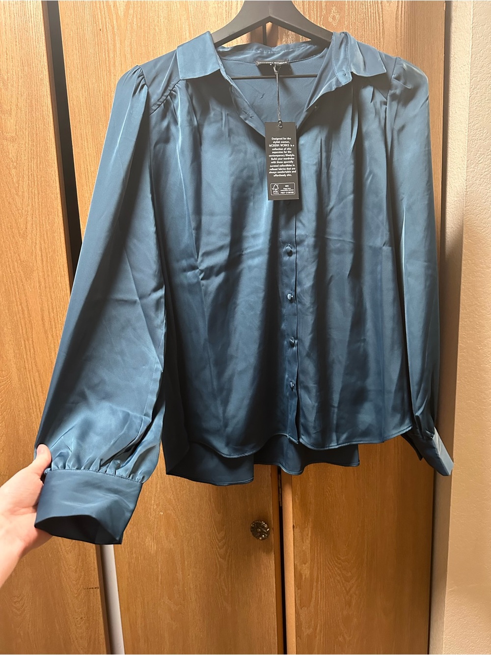 Satin Button-Up Shirt in Teal Blue